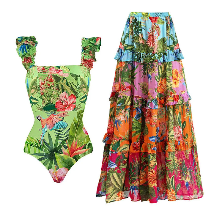 Damen Einteiler Badeanzug mit floralem Muster und Rüschendetails Echo Archiv