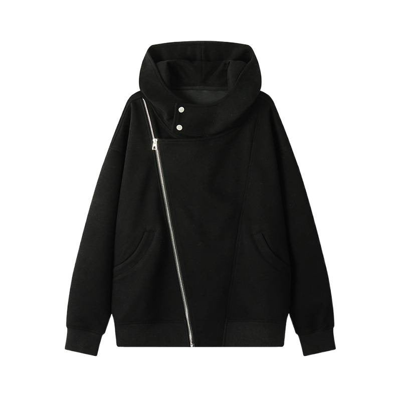 Damen nan asymmetrischer Kapuzenpullover mit hohem Kragen, diagonalem Reißverschluss und Kängurutaschen Echo Archiv