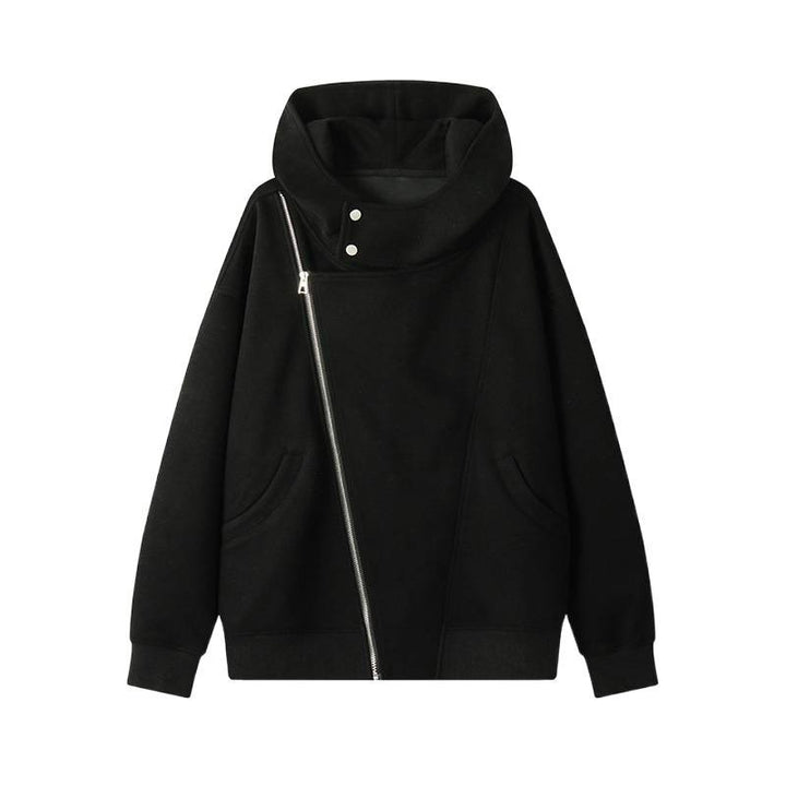 Damen nan asymmetrischer Kapuzenpullover mit hohem Kragen, diagonalem Reißverschluss und Kängurutaschen Echo Archiv