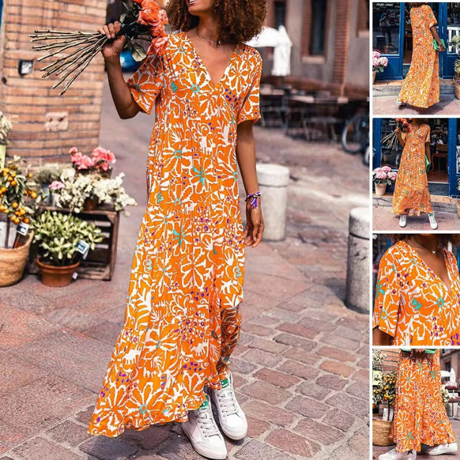Damen nan knöchellanges V-Ausschnitt-Maxikleid mit grafischem Ethno-Print, kurzen Ärmeln und schwingender Volantbahn Echo Archiv