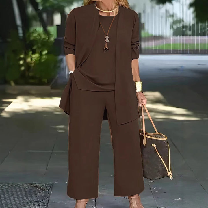 Damen Elegantes Zweiteiler-Set mit offenem Longcardigan, ärmellosem Top und weiter Palazzo-Hose – Élanora