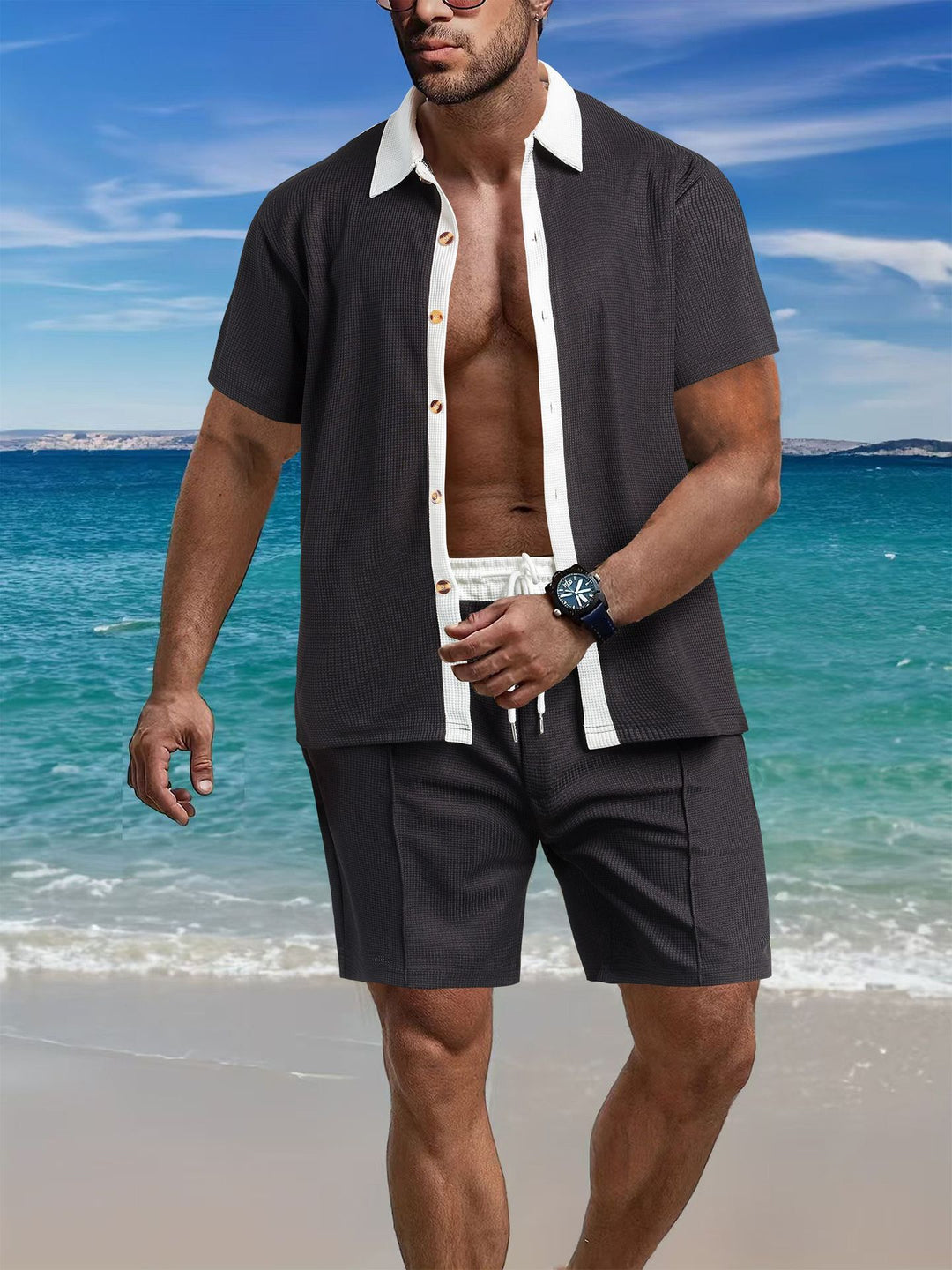 Herren lässiges Kurzarm-Hemd und Shorts-Set aus leichtem Gewebe Echoarchiv