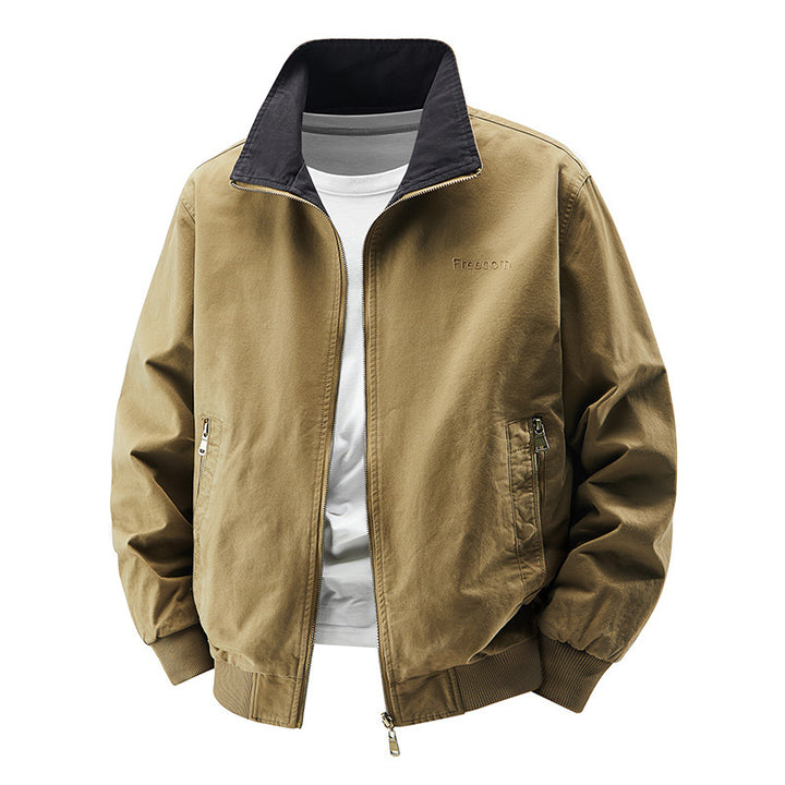 Men's zip-up cotton twill bomber jacket with contrasting stand collar and ribbed cuffs – Brevano