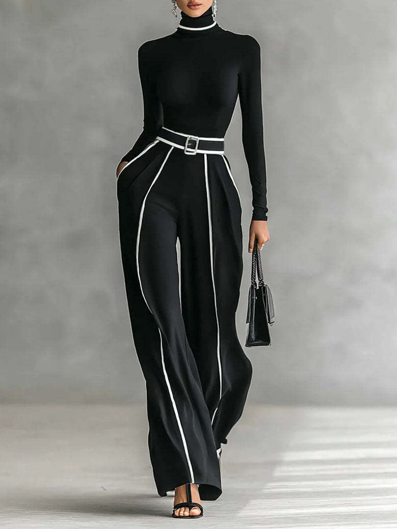 Damen nan elegantes Strickset mit tailliertem Rollkragenoberteil und weiter Plisseehose mit Taillengürtel Echo Archiv