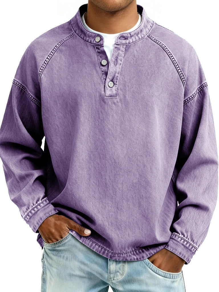 Herren verwaschenes Henley-Shirt mit Stehkragen, lockerer Passform und Knopfleiste – Marzano