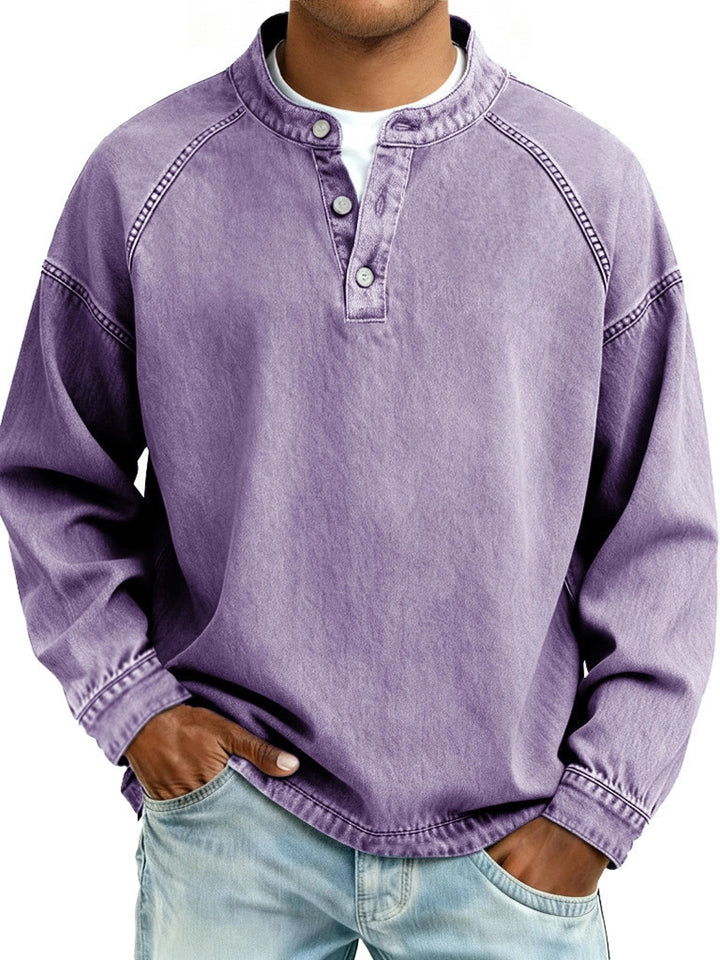 Herren verwaschenes Henley-Shirt mit Stehkragen, lockerer Passform und Knopfleiste – Marzano