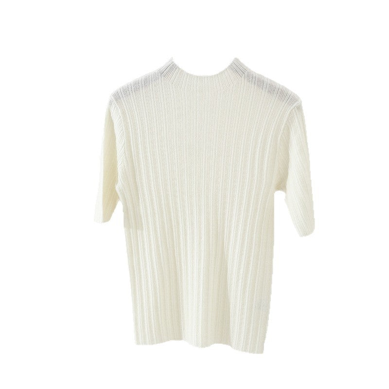 Damen Feines Geripptes Kurzarm-Feinstrickshirt mit Stehkragen Echo Archiv