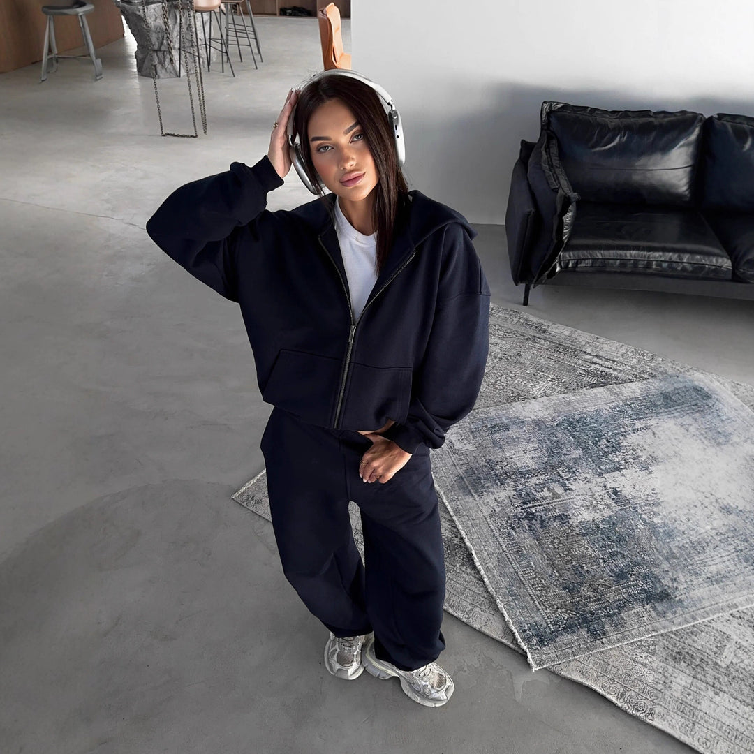 Damen lässiges Zip-Lounge-Set mit übergroßer Kapuzenjacke und taillierter Relax-Jogginghose – Auréline