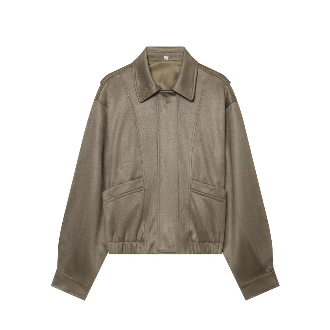 Damen Kurzer Boxy‑Blouson in Velourslederoptik mit Pattentaschen Echo Archiv