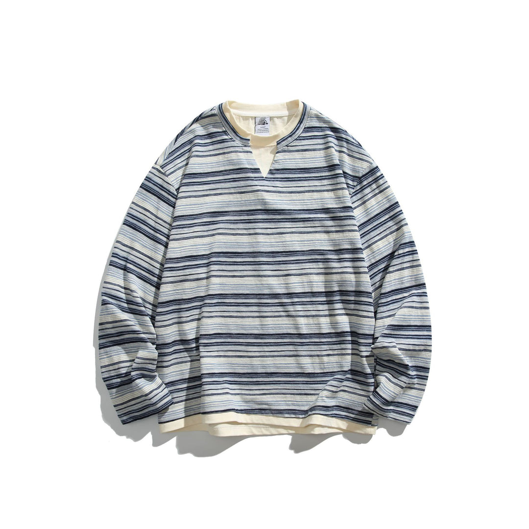 Unisex Gestreiftes Langarmshirt mit V-Notch und Lagen-Effekt Echoarchiv
