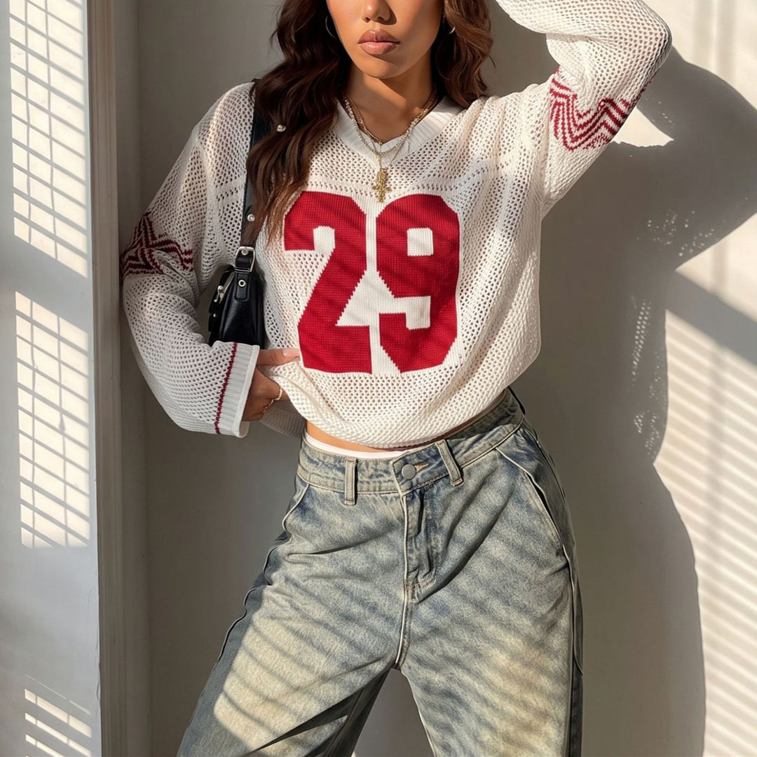 Damen Oversize Netz-Strick Cropped Pullover mit V-Ausschnitt Echoarchiv
