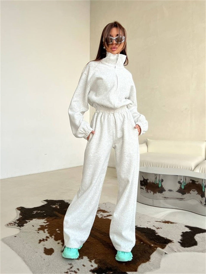 Damen Loungewear-Set mit halbem Reißverschluss, elastischem Taillenbund und weiter Jogginghose – Avérine