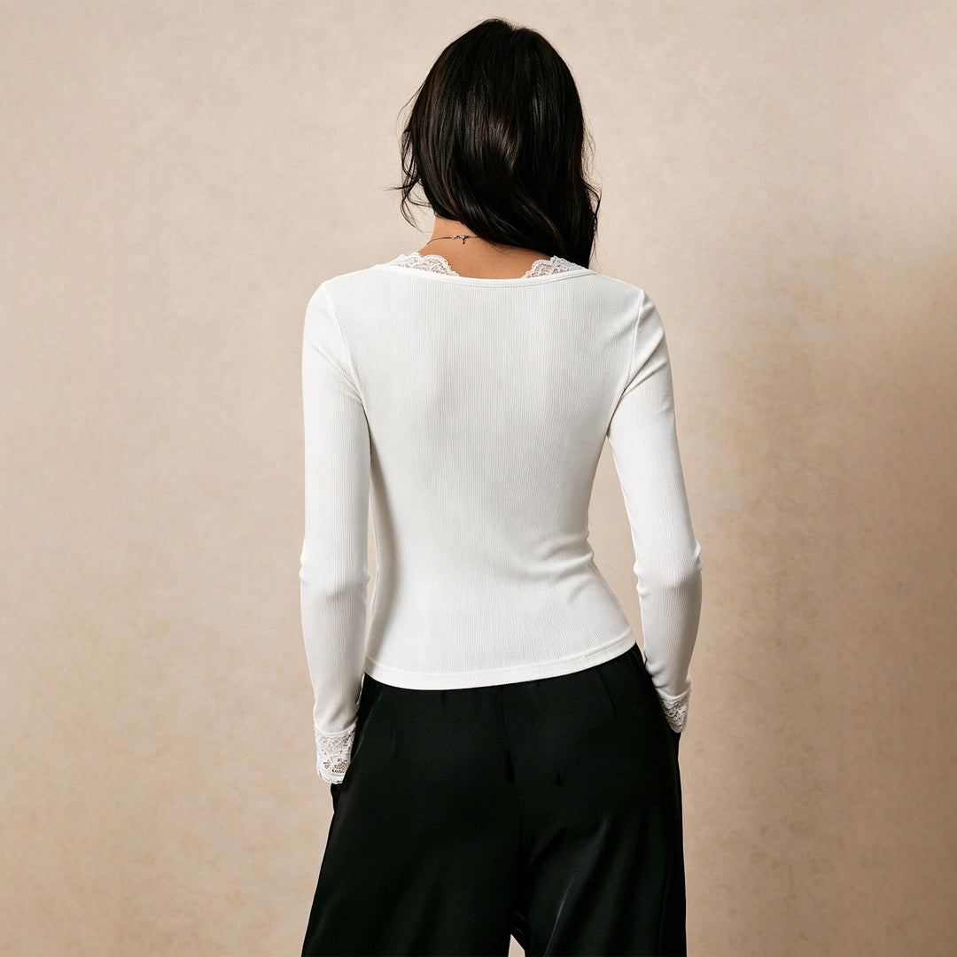 Damen feines geripptes Langarmshirt mit Spitzen-V-Ausschnitt, dekorativer Schleife und Spitzenmanschetten – Avérine