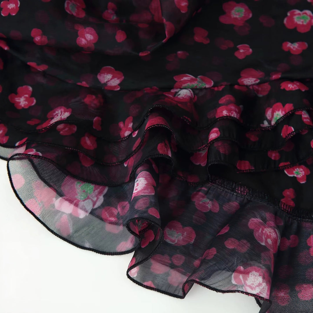 Damen Florales Chiffon-Minikleid mit tiefem V-Ausschnitt, Glockenärmeln und Stufenvolant Echo Archiv