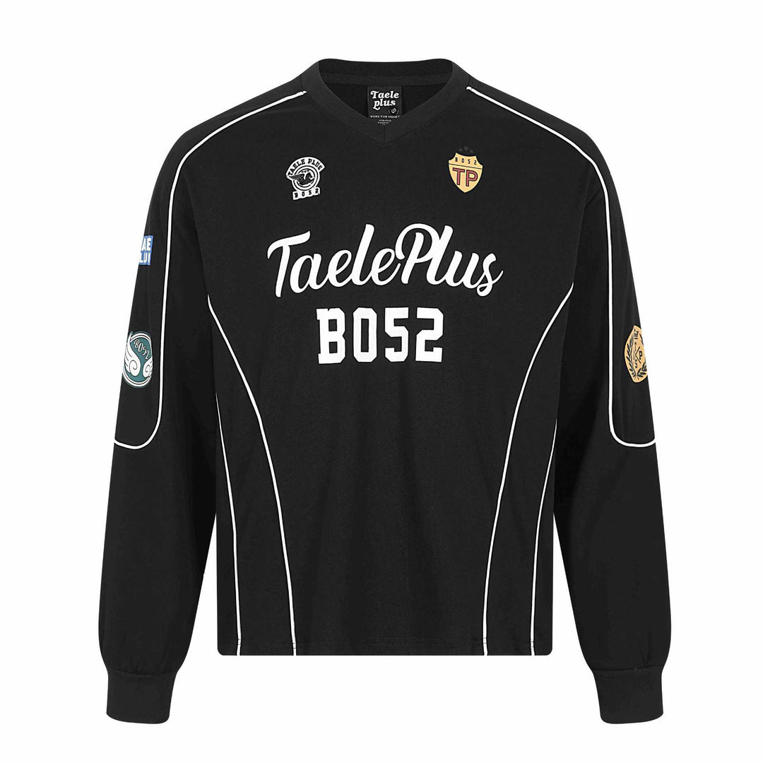 Herren Retro-inspiriertes Langarm-Fußballtrikot mit V-Ausschnitt und Kontrastpaspeln Echoarchiv
