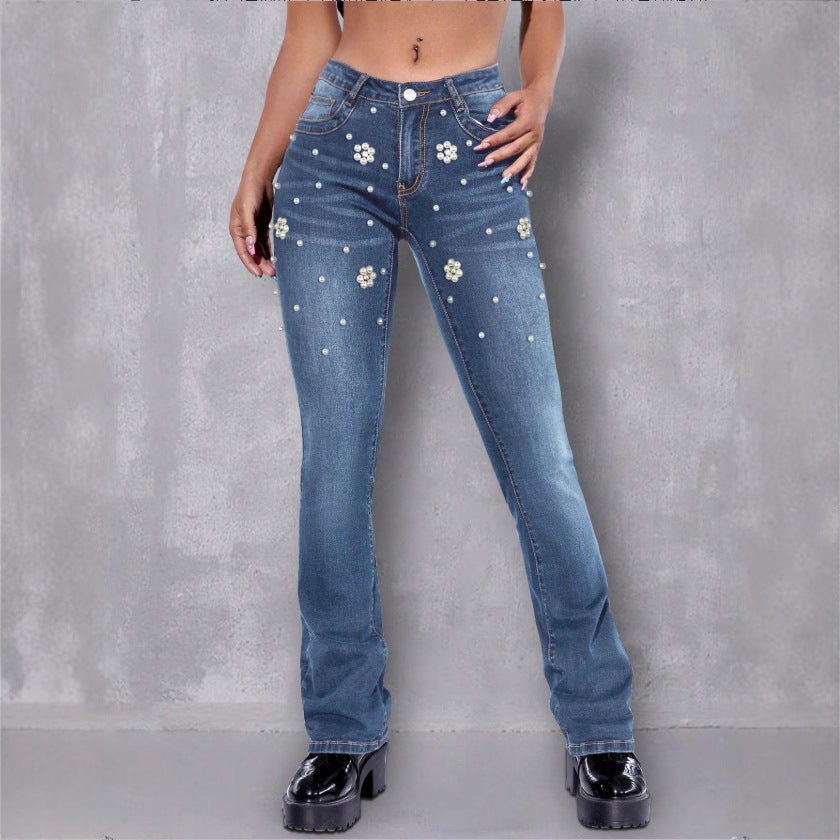 Damen schmale Bootcut-Jeans mit Perlen- und Blumenapplikationen Echo Archiv