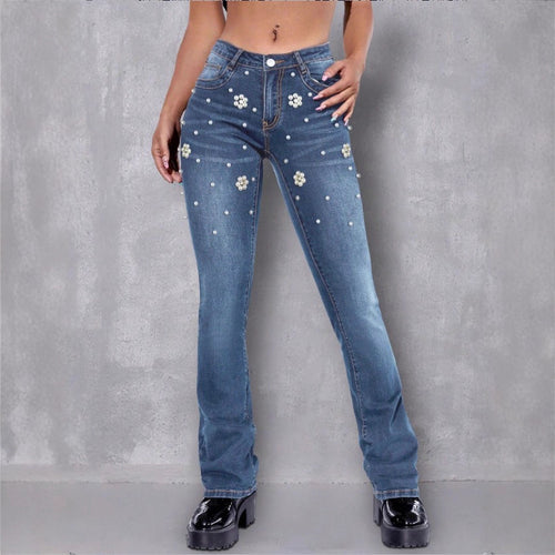 Damen schmale Bootcut-Jeans mit Perlen- und Blumenapplikationen Echo Archiv