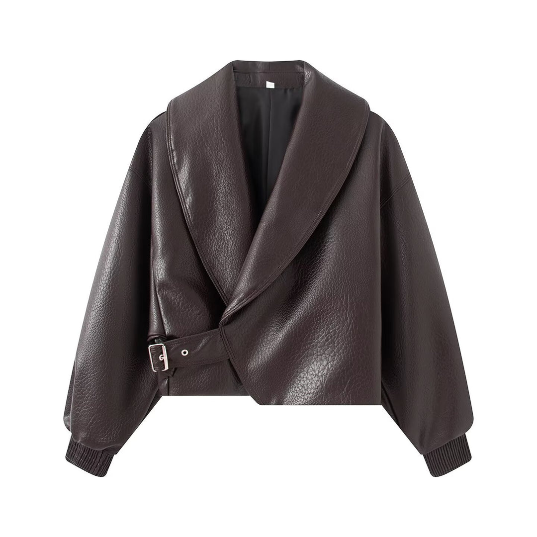 Damen Boxy Cropped Blousonjacke aus Kunstleder mit überlappendem Schalkragen und Taillenriemen Echo Archiv
