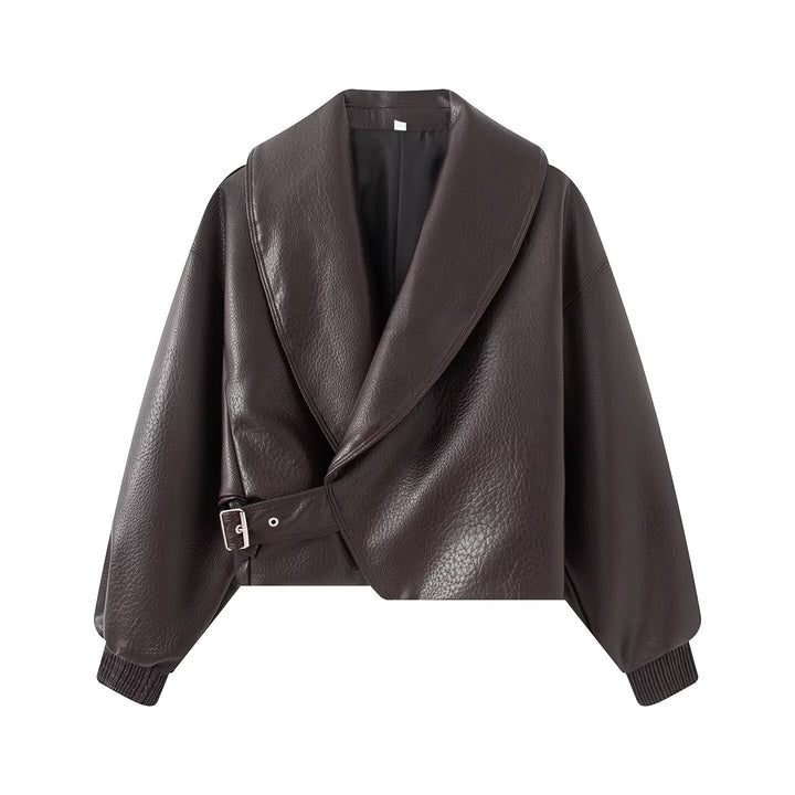 Damen Boxy Cropped Blousonjacke aus Kunstleder mit überlappendem Schalkragen und Taillenriemen Echo Archiv