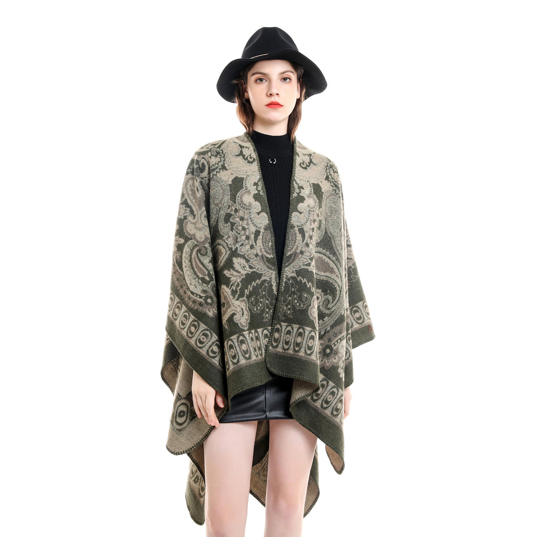 Damen Jacquard-gewebte Oversize-Ruana mit Ornamentik und offenem Kimono-Fall Echo Archiv