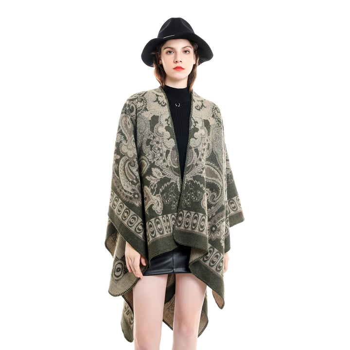 Damen Jacquard-gewebte Oversize-Ruana mit Ornamentik und offenem Kimono-Fall Echo Archiv