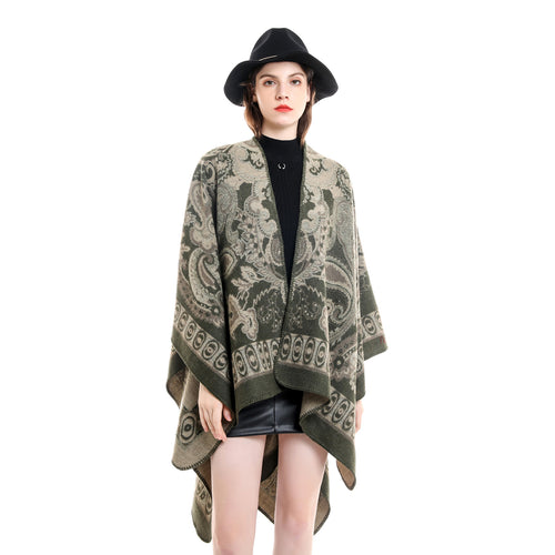 Damen Jacquard-gewebte Oversize-Ruana mit Ornamentik und offenem Kimono-Fall Echo Archiv