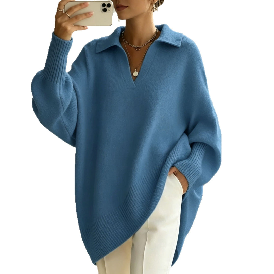 Damen Oversize-Polokragen V-Ausschnitt Strickpullover mit Ballonärmeln – Mavelle