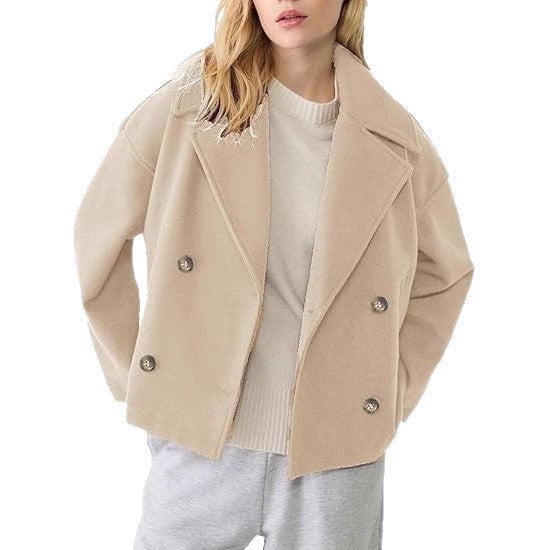 Damen nan kurz geschnittener Zweireiher Wollmix-Peacoat mit überbreitem Revers und kastiger Silhouette Echo Archiv