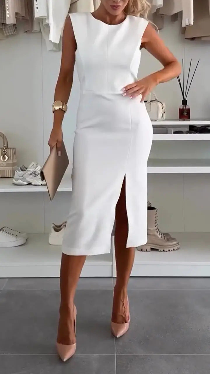 Damen Etuikleid mit asymmetrischem Ausschnitt und elegantem Schlitz – Élara