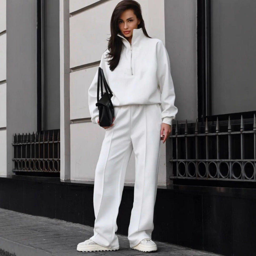 Damen Oversize-Halbreißverschluss-Sweatshirt mit weit geschnittener hochgeschnittener Palazzo-Hose – Élanora
