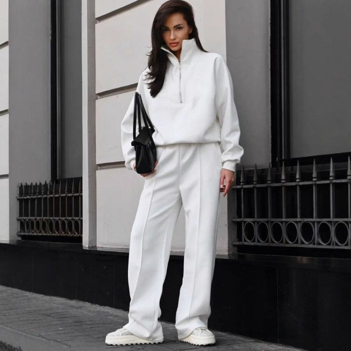 Damen Oversize-Halbreißverschluss-Sweatshirt mit weit geschnittener hochgeschnittener Palazzo-Hose – Élanora