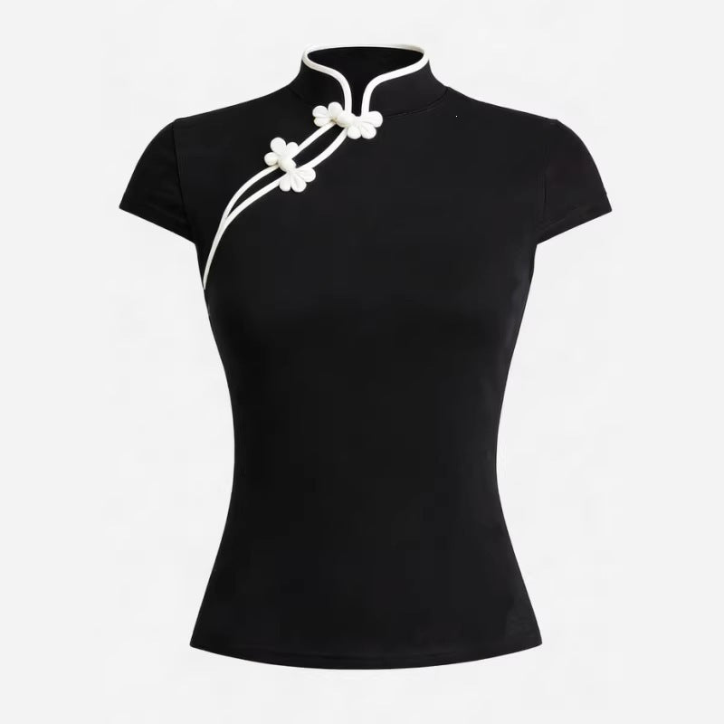 Damen Chinesisch inspirierte Bluse mit modernem Stehkragen und floralen Details Echo Archiv