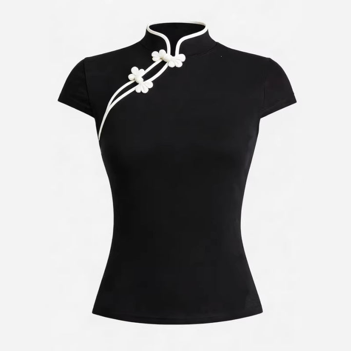 Damen Chinesisch inspirierte Bluse mit modernem Stehkragen und floralen Details Echo Archiv