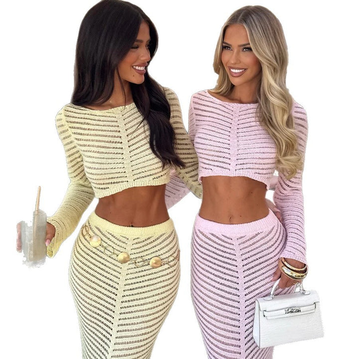 Damen elegantes gehäkeltes Set mit langärmligem Crop-Top und figurbetonendem Rock Echo Archiv