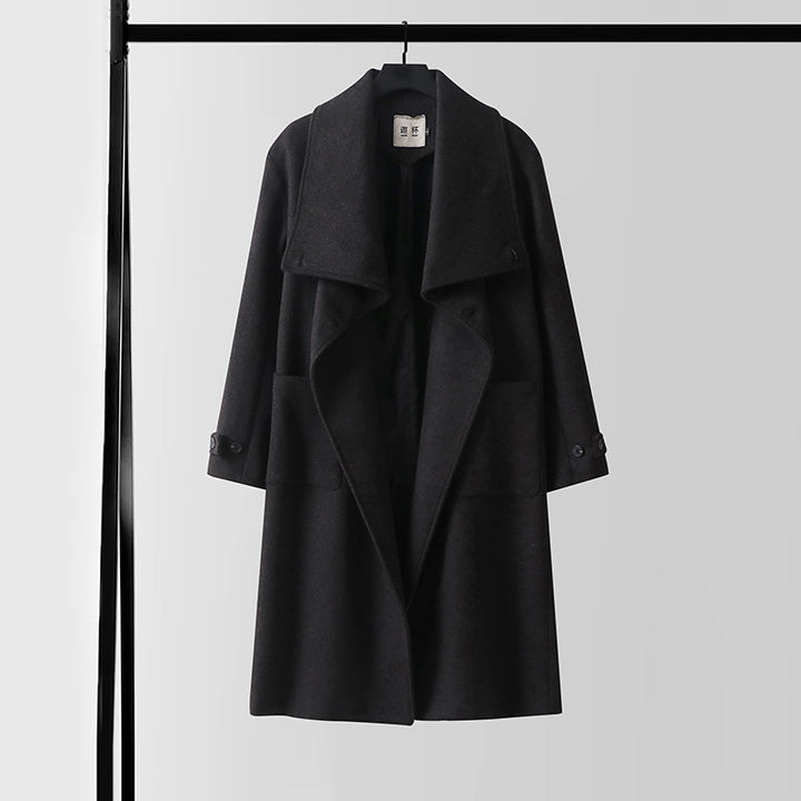 Damen Eleganter langer Wollmix-Cocoon-Mantel mit überlappendem Schalkragen und aufgesetzten Taschen Echoarchiv