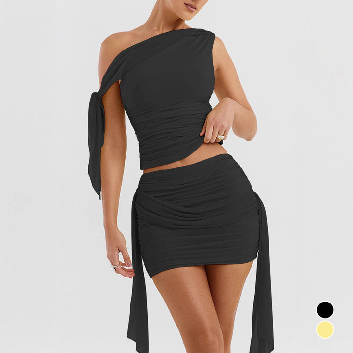Damen Set aus schulterfreier Bluse und Mini-Rock mit Raffung Echo Archiv