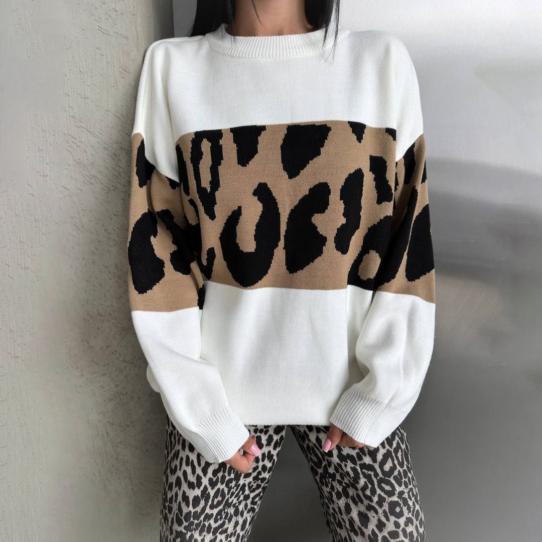 Damen Oversized Strickpullover mit Leoparden-Bahnen, überschnittener Schulter und geripptem Saum – Mavelle