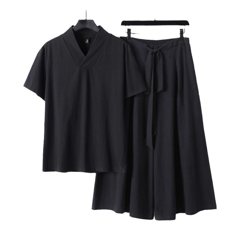 Damen Leichtes Loungewear-Set mit V-Ausschnitt-Shirt und weit schwingendem Midirock mit Kordelzug Echoarchiv