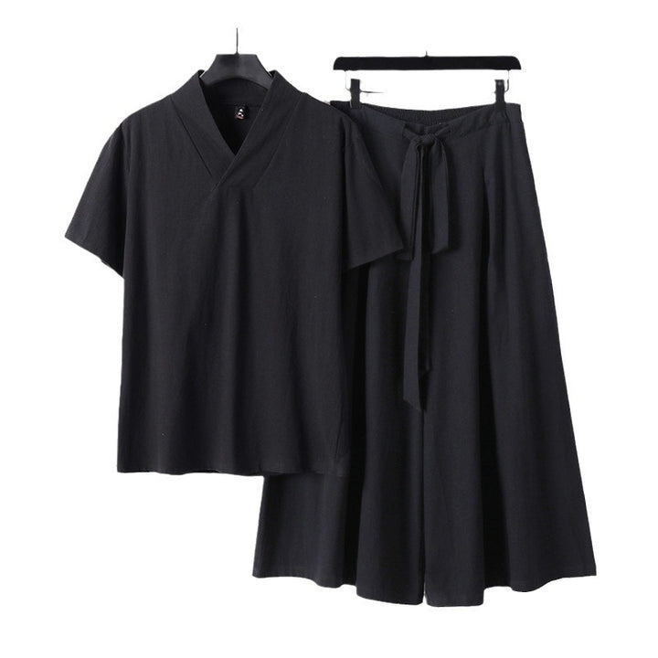 Damen Leichtes Loungewear-Set mit V-Ausschnitt-Shirt und weit schwingendem Midirock mit Kordelzug Echoarchiv