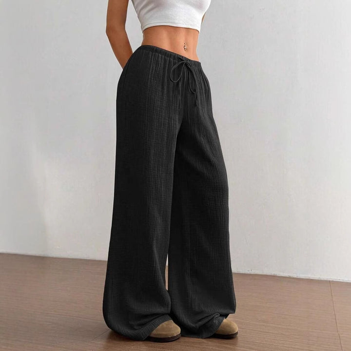 Damen weite Leinenoptik-Loungehose mit hohem Gummibund, Kordelzug & Crinkle-Struktur – Avérine