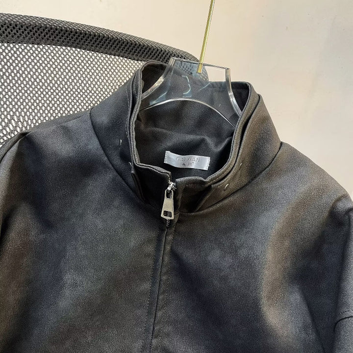 Herren kurze Stehkragenjacke aus Veloursleder-Imitat mit durchgehendem Reißverschluss Echoarchiv