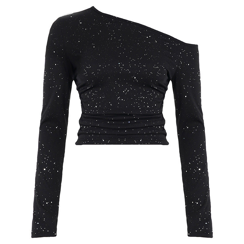 Damen Ein-Schulter Cropped-Top mit Rippstruktur und Glitzerbesatz Echo Archiv