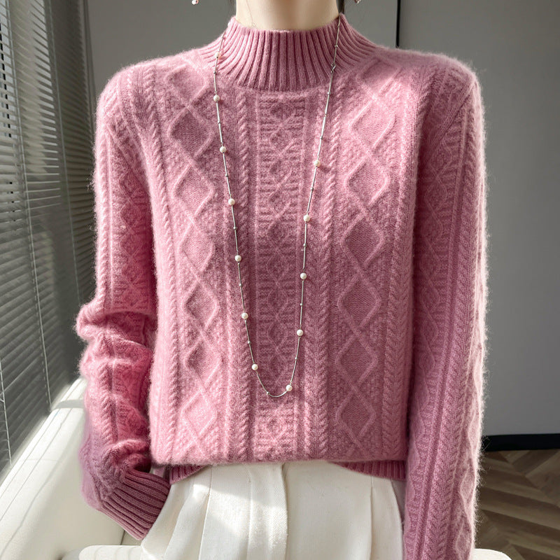 Damen Kuscheliger Mohair‑Optik Mockneckpullover mit Rautenzopfstruktur und kastiger Silhouette Echoarchiv