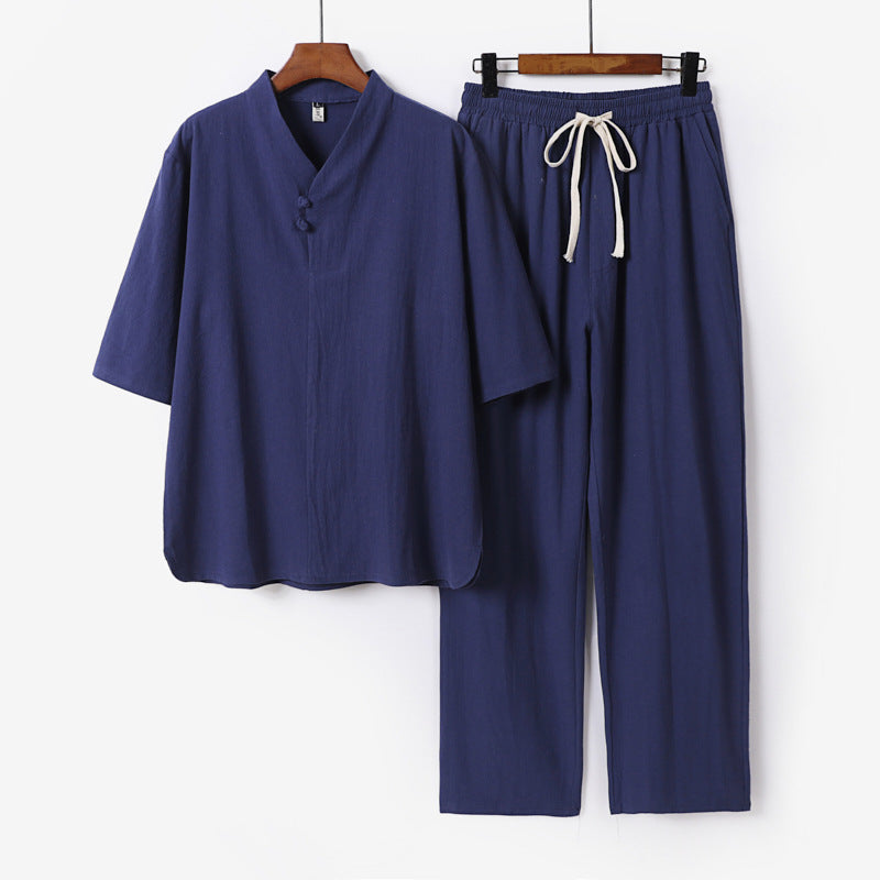 Herren Zweiteiliges Leichtes Loungewear-Set mit Stehkragen-Halbarmshirt und Kordelbund-Hose Echoarchiv
