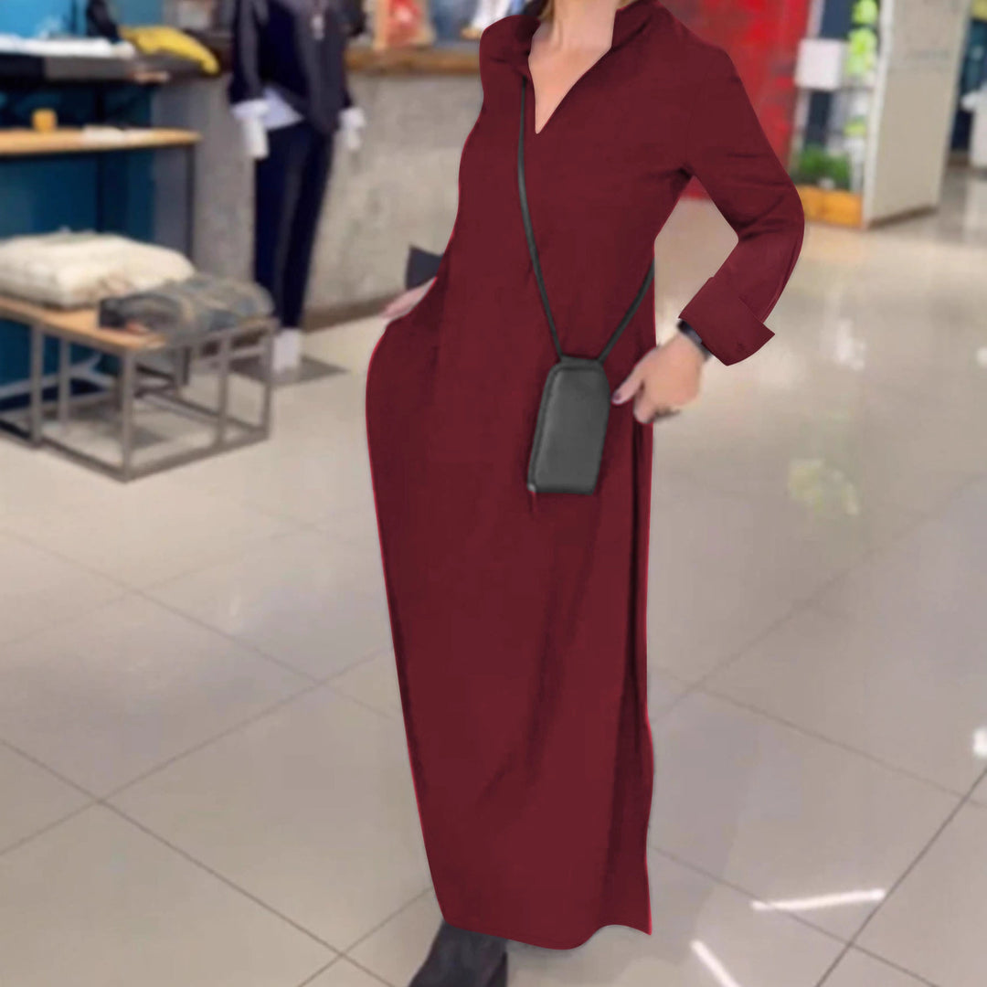 Damen Fließendes Maxikleid mit Stehkragen‑V‑Ausschnitt, langen Ärmeln und seitlichen Eingrifftaschen – Valéora