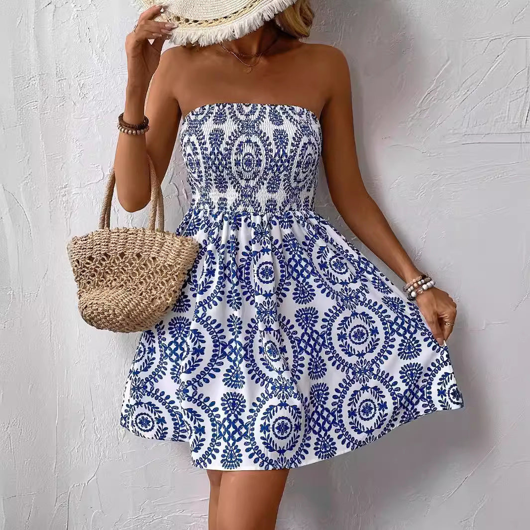 Damen nan schulterfreies Sommerkleid mit Smokoberteil und ausgestelltem Tellerrock Echo Archiv