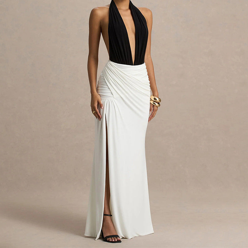 Damen Elegantes Maxikleid mit tiefem V-Ausschnitt und gerafftem Rock Echo Archiv