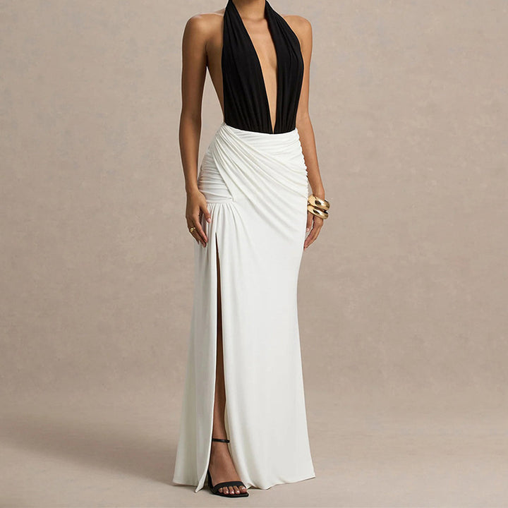 Damen Elegantes Maxikleid mit tiefem V-Ausschnitt und gerafftem Rock Echo Archiv