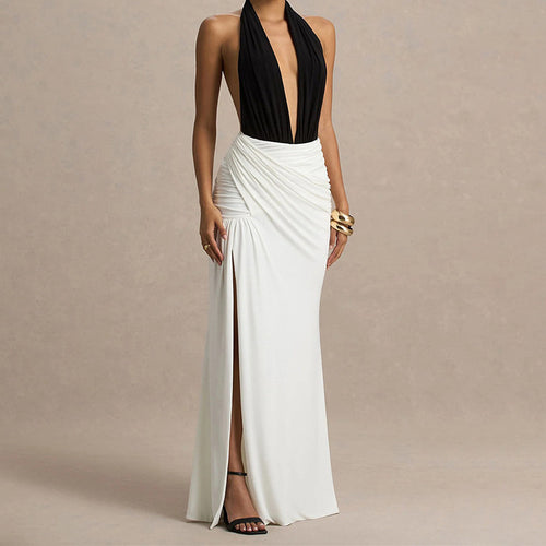 Damen Elegantes Maxikleid mit tiefem V-Ausschnitt und gerafftem Rock Echo Archiv
