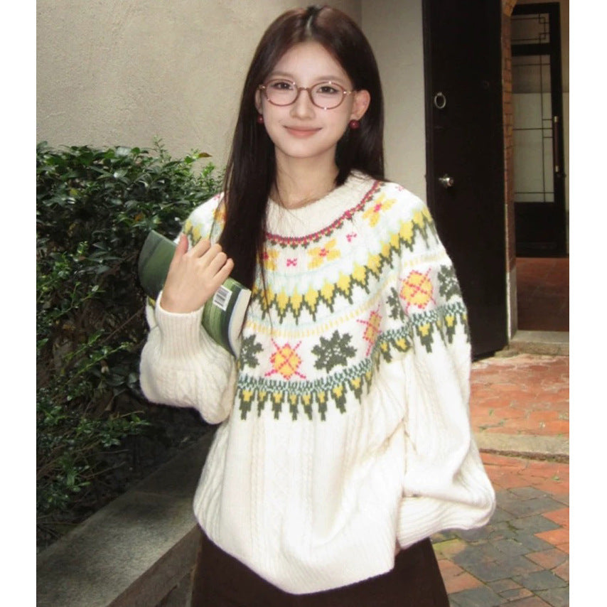 Damen Modischer Grobstrickpullover mit Norweger-Muster Echoarchiv